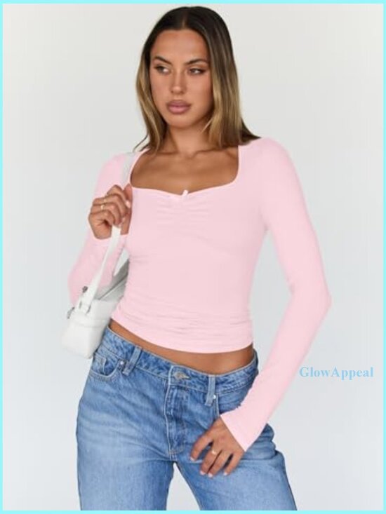 Long Sleeve Sweetheart Neck T-Shirt, Polyester Spandex Blend, Slim Fit - Picture 2 of 6